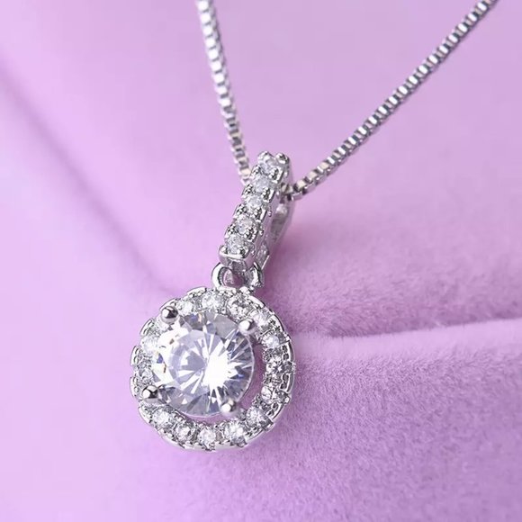 14k Gold 1ct. Lab Diamond Halo Necklace Italy Sterling Silver - Picture 3 of 10